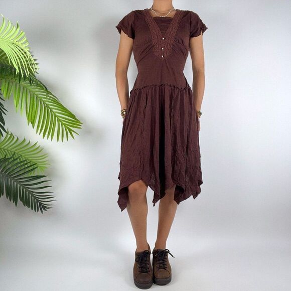 Vintage Y2K Brown Fairy Grunge Bohemian Short Sleeve Hippie Midi Dress / S - Picture 4 of 7